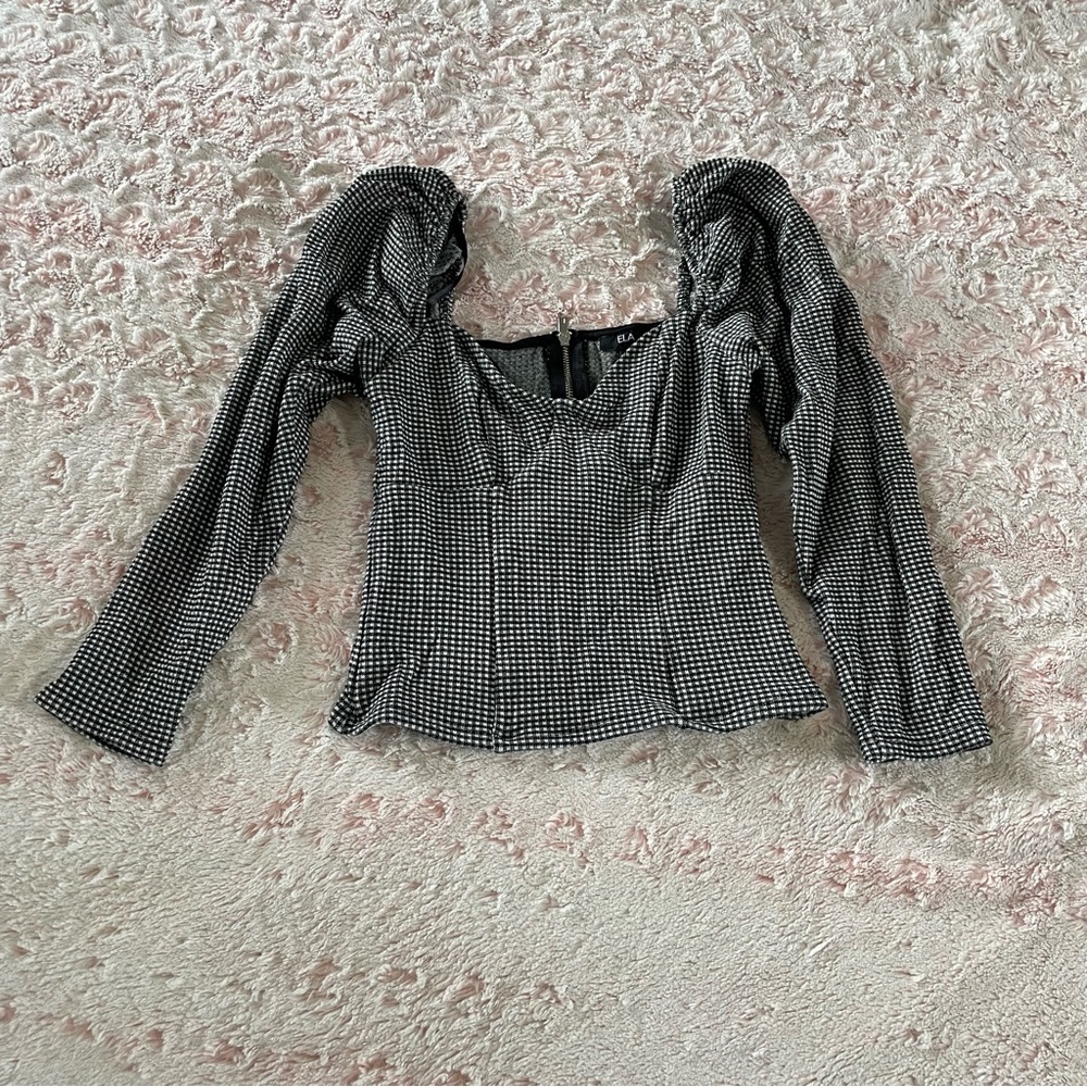 Black & White Checkered Puff Sleeve Corset Top